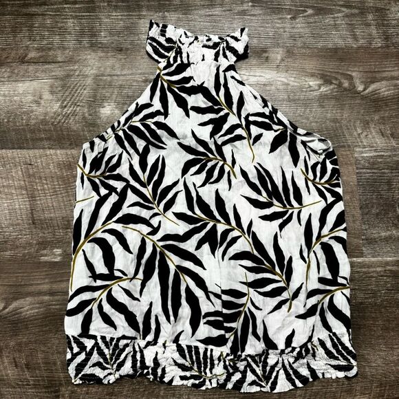 Fever Tops - Fever Leaf Print Halter Neck Tank Top Size Large